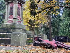 Colonizer statue toppled and covered with red paint