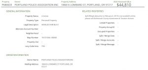 screenshot from Multnomah County property tax records website showing the PPA to be the current owner of the building on Lombard and Denver