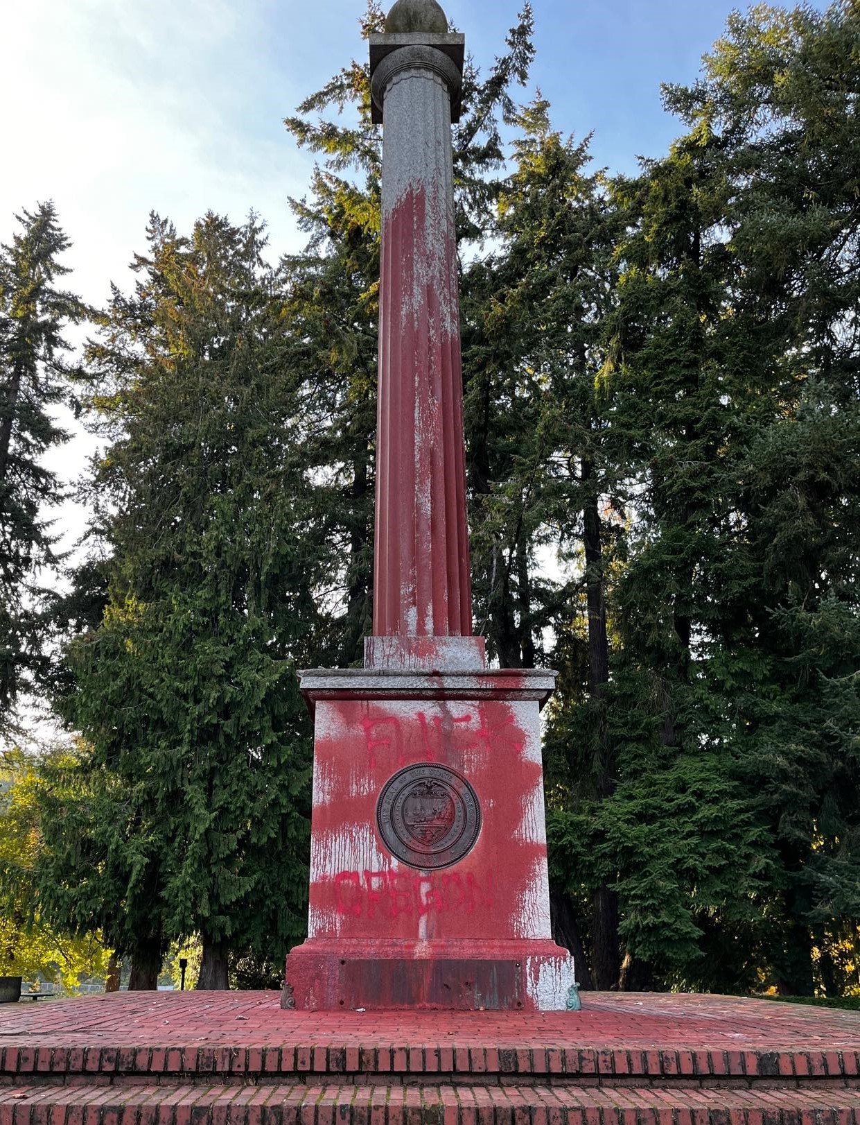 "Lewis and Clark Column" covered in red paint