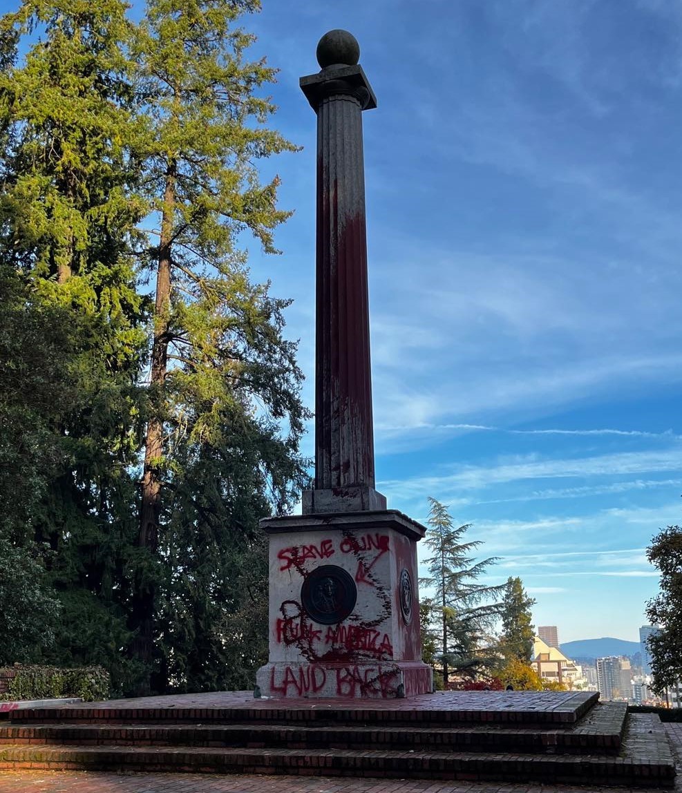 Stone "Lewis and Clark Column" vandalized with red paint
